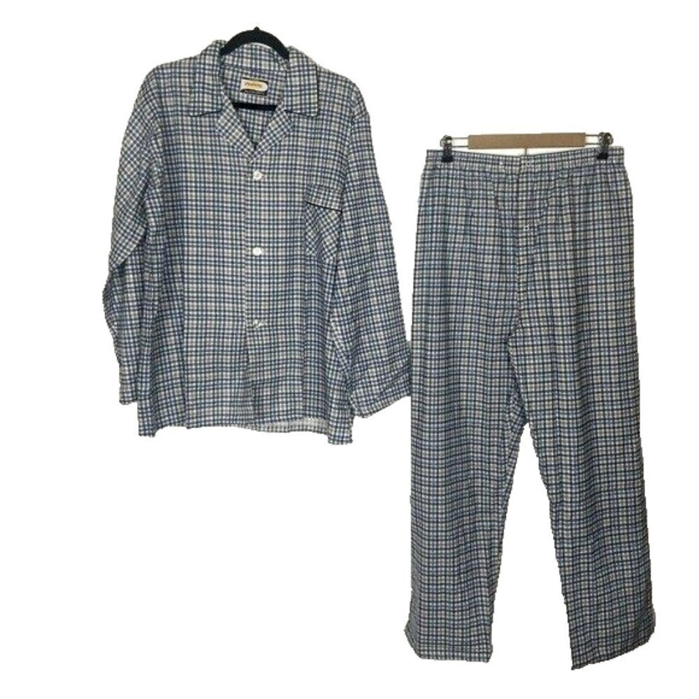 Pleetway Men’s Pajama Set Size Large Balloon Seat Plaid Blue and White